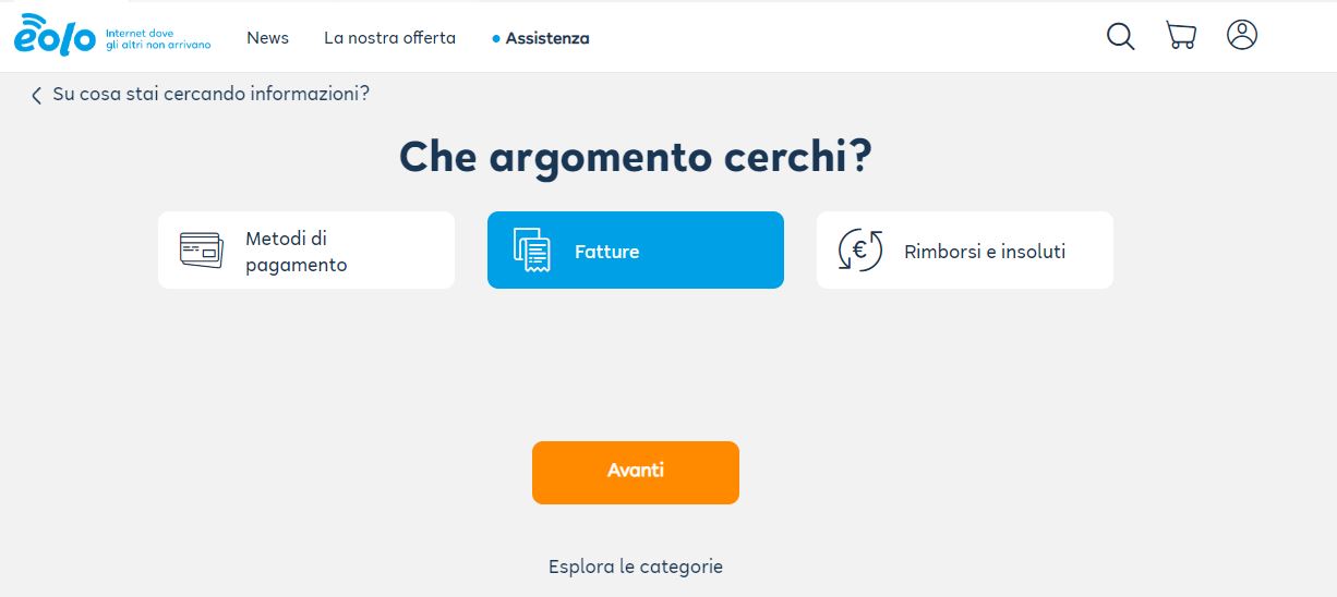 Eolo sezione pagamenti nell'area clienti