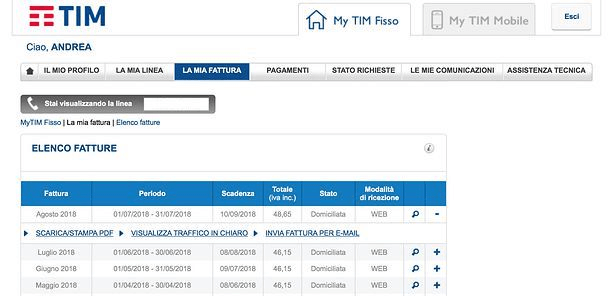 My Tim Fisso - Area clienti per la gestione delle fatture