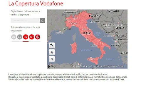 copertura vodafone mobile 2G, 4G, 4G+, 5G