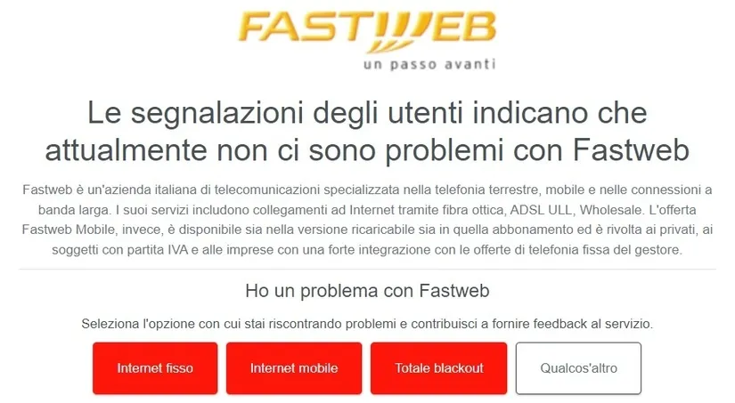 Schermata inizio Downdetector Fastweb Down