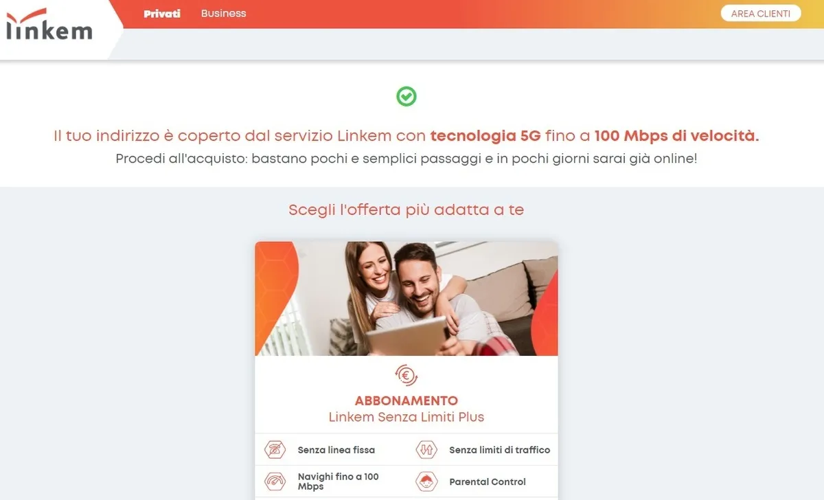 La pagina del risultato della Verifica Copertura Online con Linkem